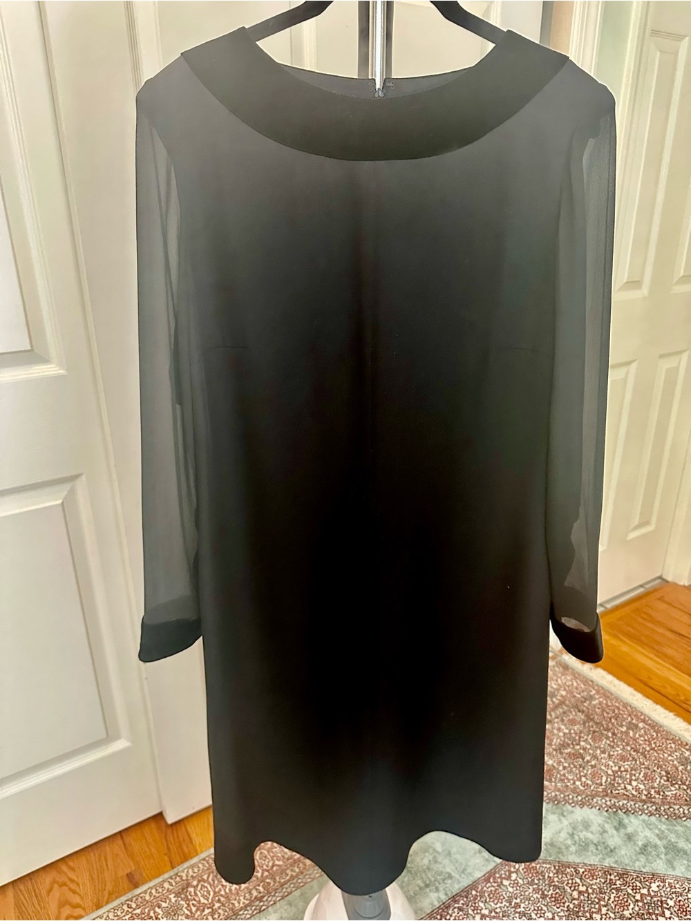 Akris Sheer-Sleeve Shift Dress with velvet neckline and sleeves trim. Classic!